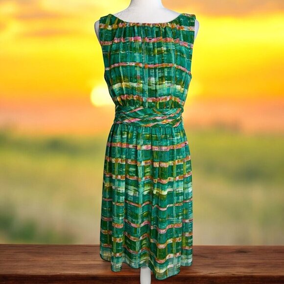 Jessica Howard Abstract Green Watercolor Dress Y2K 90s Fit-n-Flare Women's Sz 14 - Picture 1 of 8